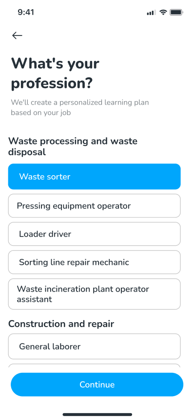 Choose your profession screen